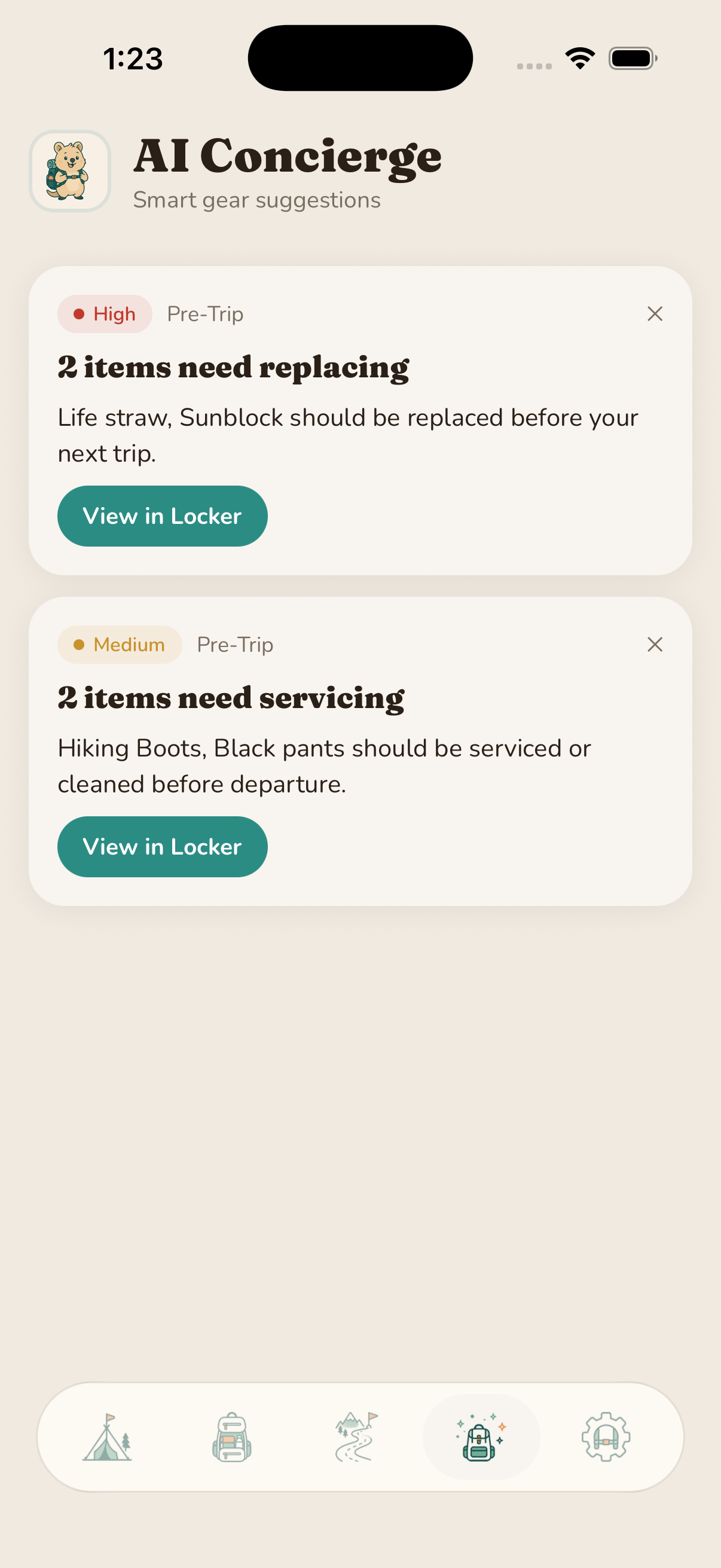 AI Concierge showing pre-trip alerts