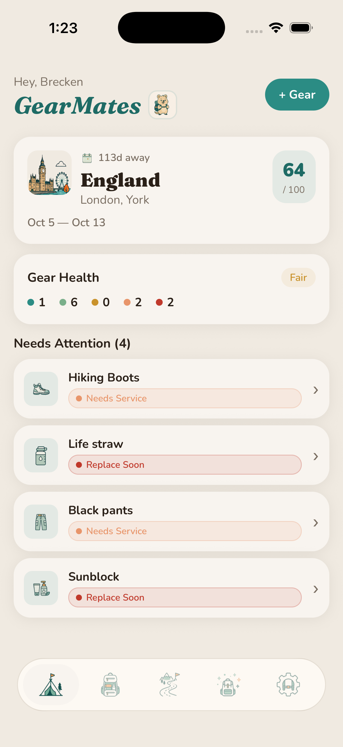 GearMates home dashboard