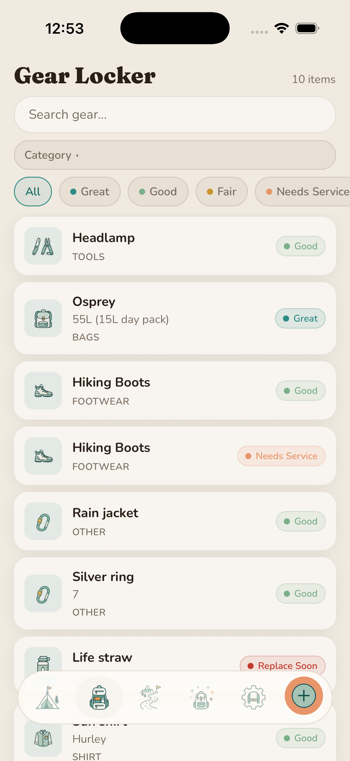 Gear Locker screen showing inventory