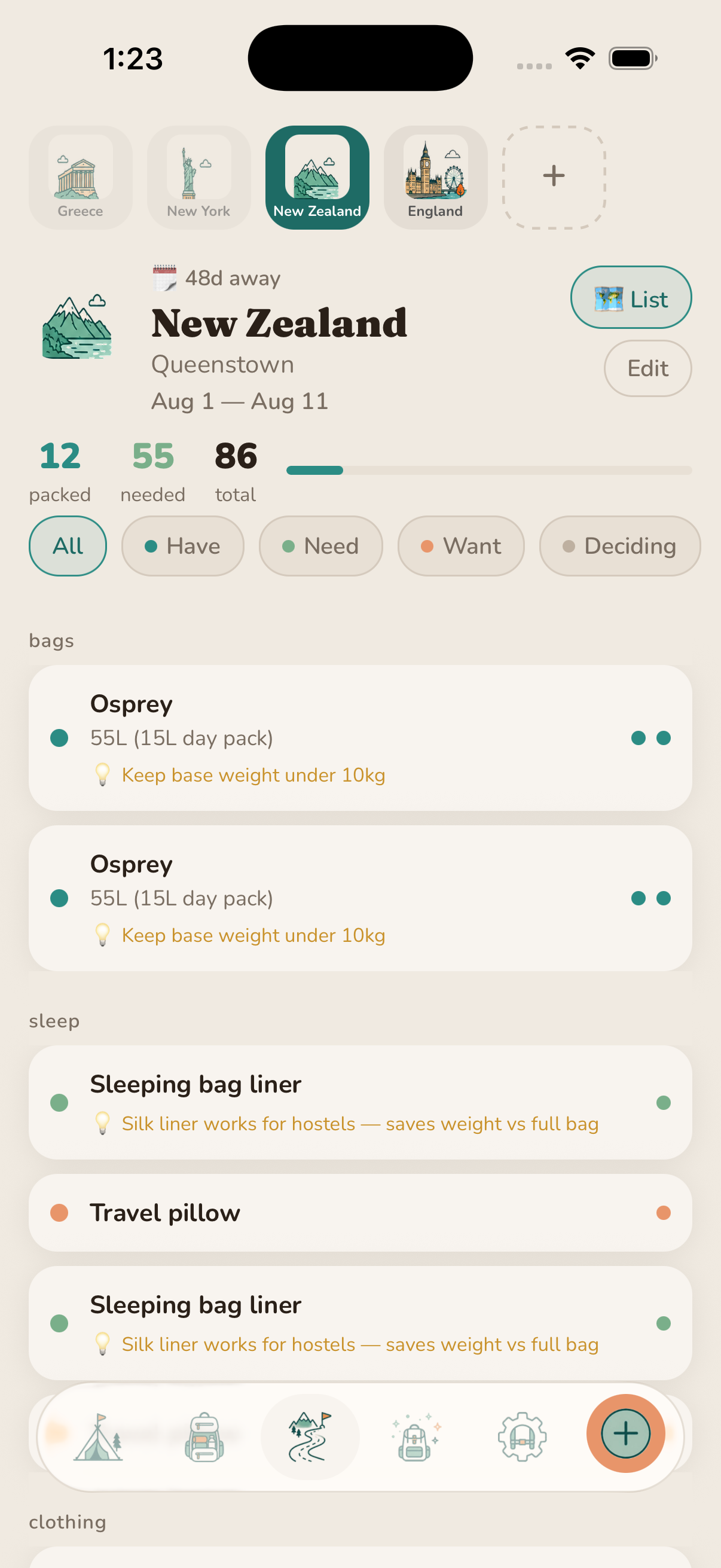 Trip Planner showing New Zealand packing list
