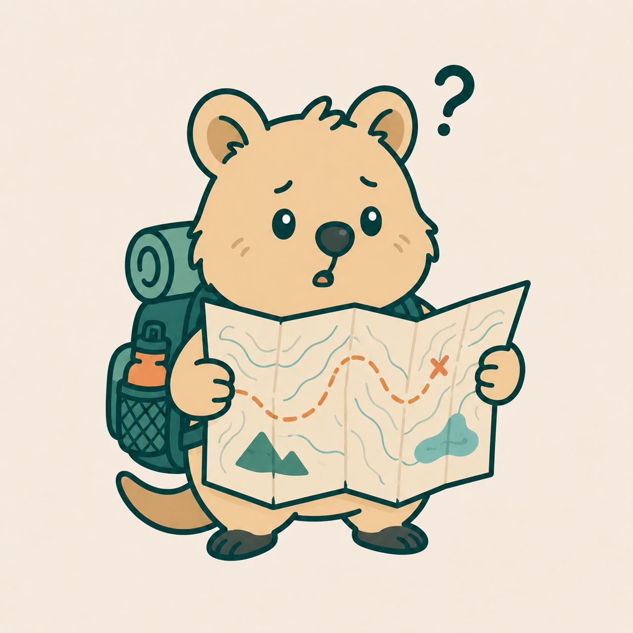 Gear the Quokka looking at a map with a question mark