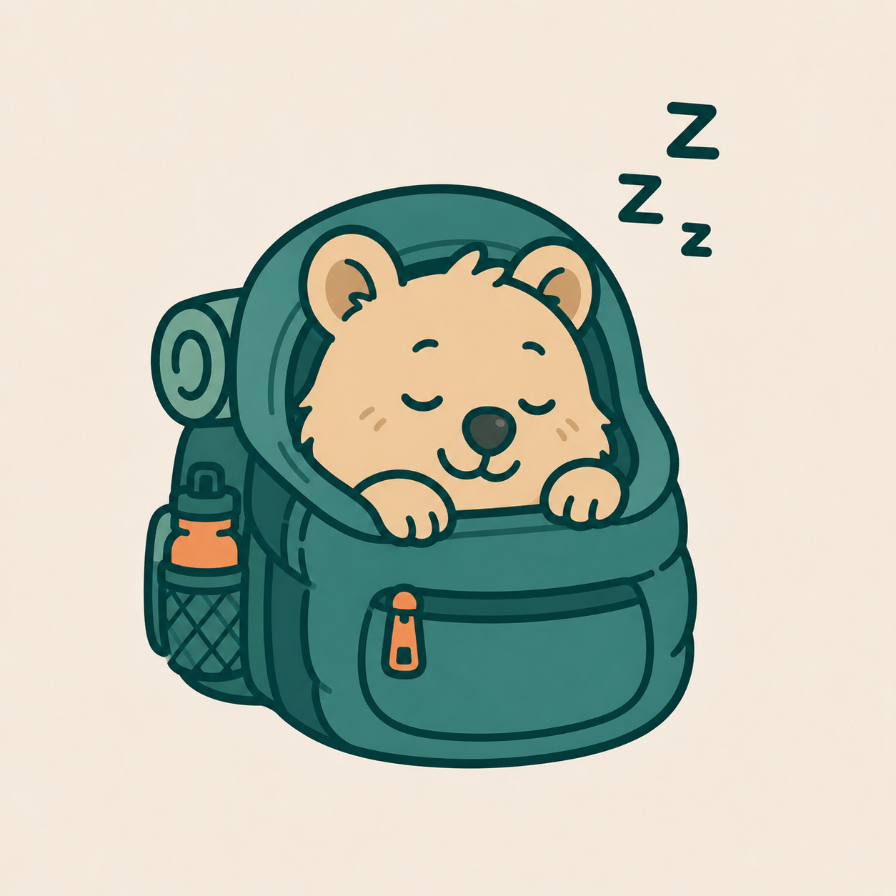 Gear the Quokka sleeping in a backpack